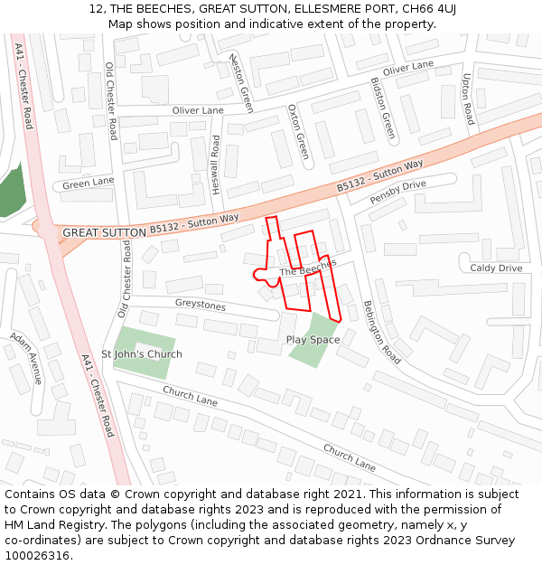 12, THE BEECHES, GREAT SUTTON, ELLESMERE PORT, CH66 4UJ: Location map and indicative extent of plot