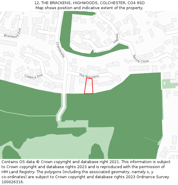 12, THE BRACKENS, HIGHWOODS, COLCHESTER, CO4 9SD: Location map and indicative extent of plot