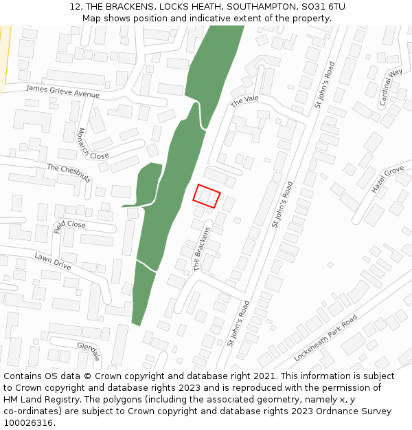 12, THE BRACKENS, LOCKS HEATH, SOUTHAMPTON, SO31 6TU: Location map and indicative extent of plot