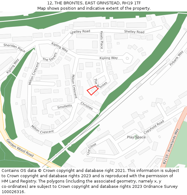 12, THE BRONTES, EAST GRINSTEAD, RH19 1TF: Location map and indicative extent of plot