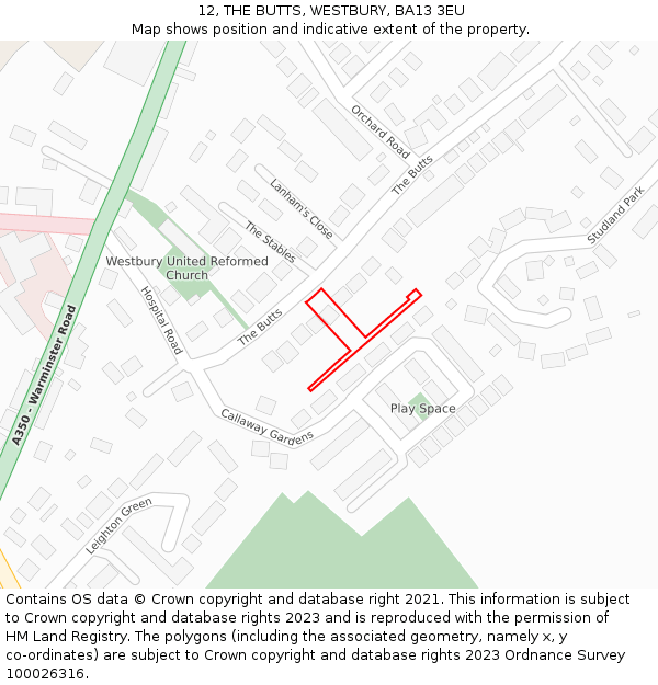 12, THE BUTTS, WESTBURY, BA13 3EU: Location map and indicative extent of plot