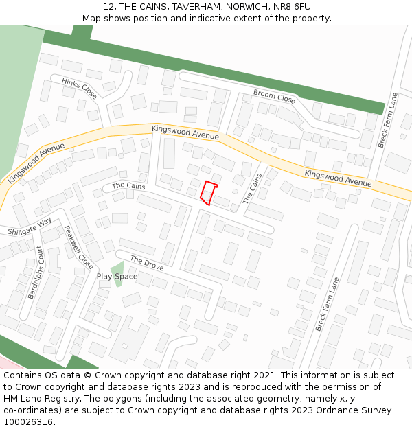 12, THE CAINS, TAVERHAM, NORWICH, NR8 6FU: Location map and indicative extent of plot
