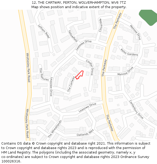 12, THE CARTWAY, PERTON, WOLVERHAMPTON, WV6 7TZ: Location map and indicative extent of plot