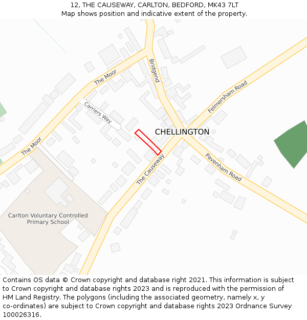 12, THE CAUSEWAY, CARLTON, BEDFORD, MK43 7LT: Location map and indicative extent of plot