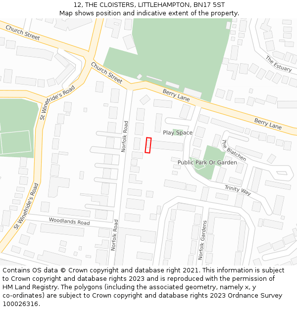 12, THE CLOISTERS, LITTLEHAMPTON, BN17 5ST: Location map and indicative extent of plot