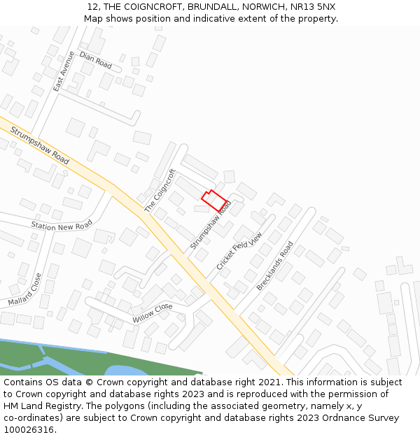 12, THE COIGNCROFT, BRUNDALL, NORWICH, NR13 5NX: Location map and indicative extent of plot