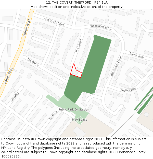 12, THE COVERT, THETFORD, IP24 1LA: Location map and indicative extent of plot