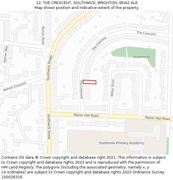 12, THE CRESCENT, SOUTHWICK, BRIGHTON, BN42 4LA: Location map and indicative extent of plot