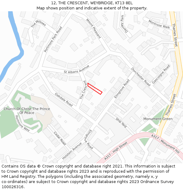 12, THE CRESCENT, WEYBRIDGE, KT13 8EL: Location map and indicative extent of plot