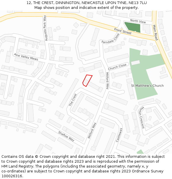 12, THE CREST, DINNINGTON, NEWCASTLE UPON TYNE, NE13 7LU: Location map and indicative extent of plot