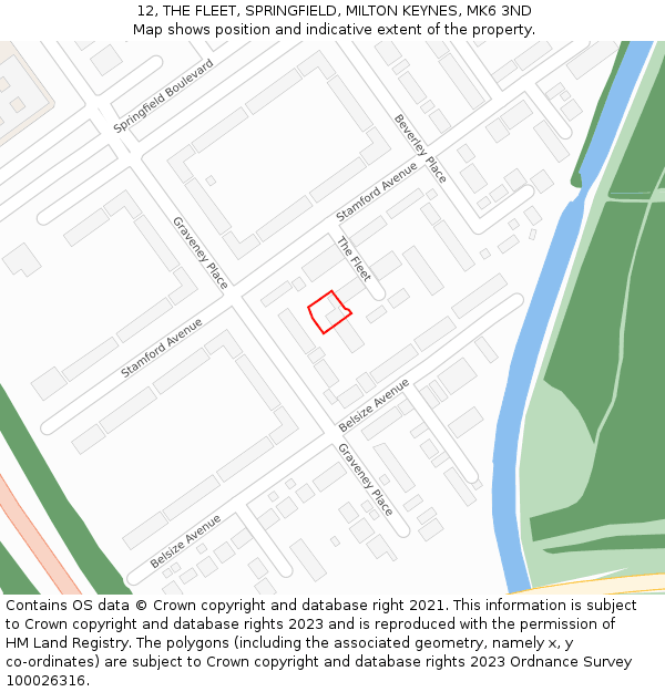 12, THE FLEET, SPRINGFIELD, MILTON KEYNES, MK6 3ND: Location map and indicative extent of plot