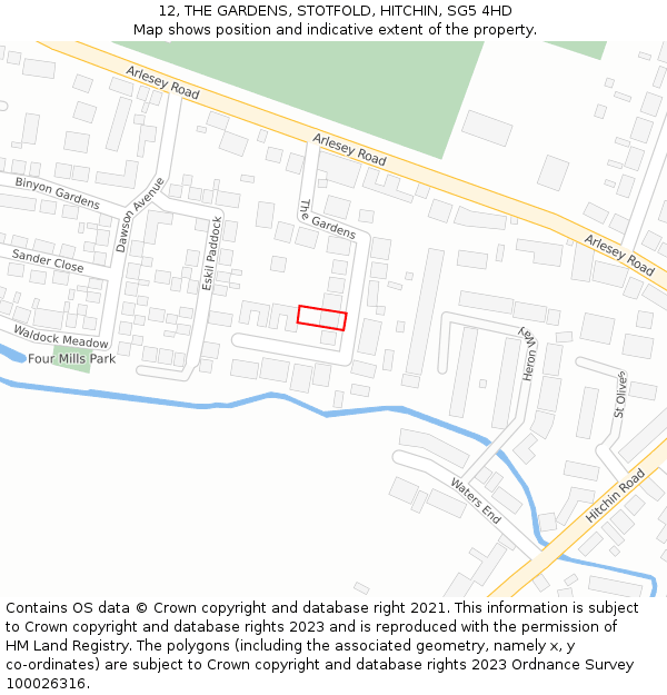 12, THE GARDENS, STOTFOLD, HITCHIN, SG5 4HD: Location map and indicative extent of plot