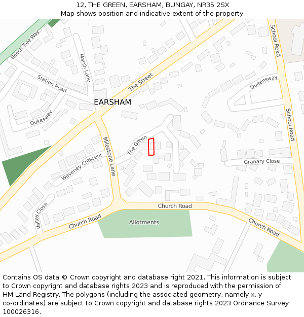 12, THE GREEN, EARSHAM, BUNGAY, NR35 2SX: Location map and indicative extent of plot