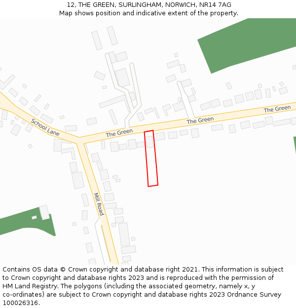 12, THE GREEN, SURLINGHAM, NORWICH, NR14 7AG: Location map and indicative extent of plot