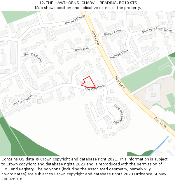 12, THE HAWTHORNS, CHARVIL, READING, RG10 9TS: Location map and indicative extent of plot