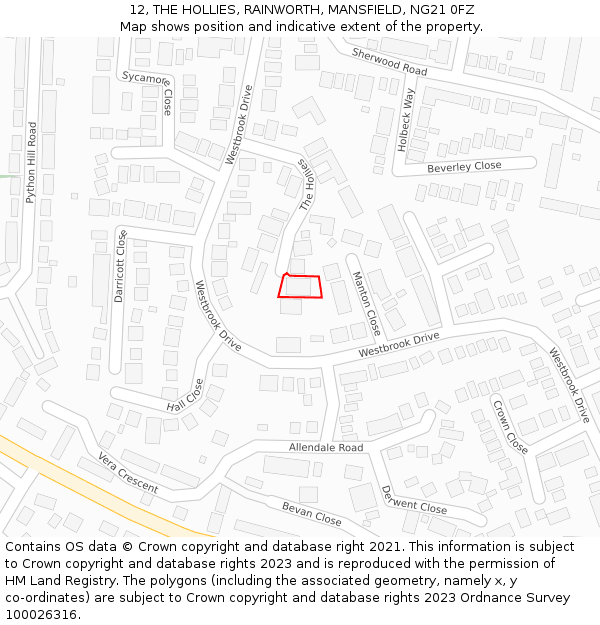 12, THE HOLLIES, RAINWORTH, MANSFIELD, NG21 0FZ: Location map and indicative extent of plot