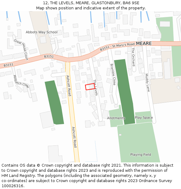 12, THE LEVELS, MEARE, GLASTONBURY, BA6 9SE: Location map and indicative extent of plot