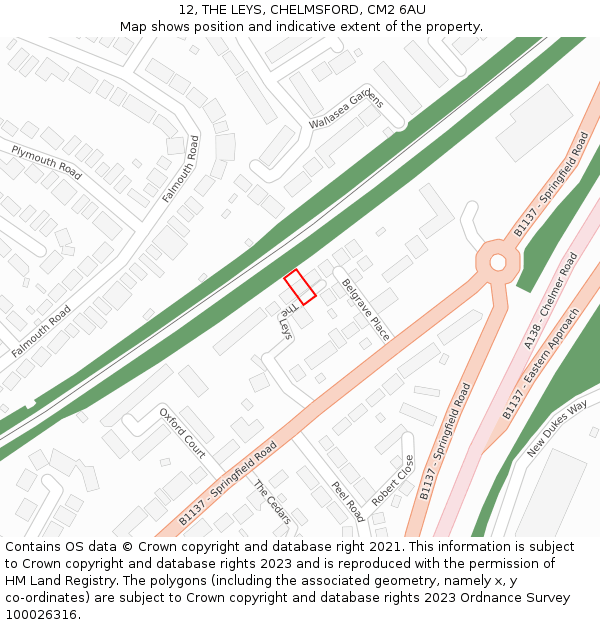 12, THE LEYS, CHELMSFORD, CM2 6AU: Location map and indicative extent of plot