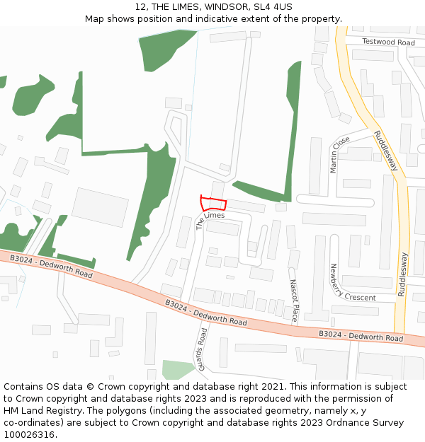 12, THE LIMES, WINDSOR, SL4 4US: Location map and indicative extent of plot