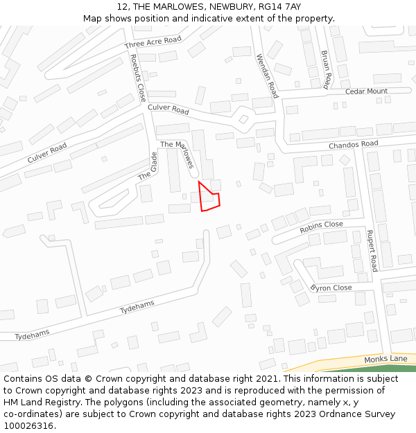 12, THE MARLOWES, NEWBURY, RG14 7AY: Location map and indicative extent of plot