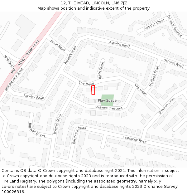 12, THE MEAD, LINCOLN, LN6 7JZ: Location map and indicative extent of plot