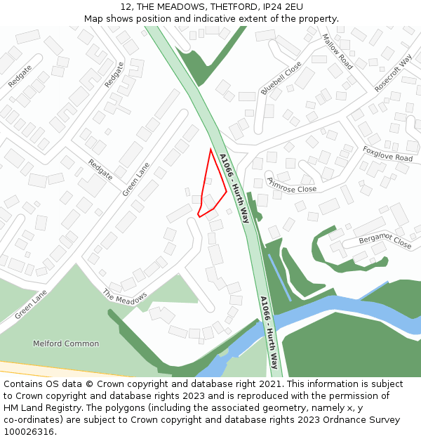 12, THE MEADOWS, THETFORD, IP24 2EU: Location map and indicative extent of plot