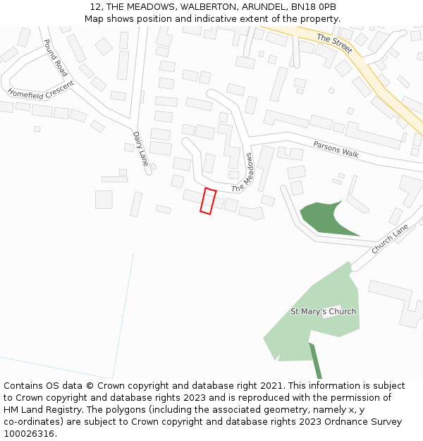 12, THE MEADOWS, WALBERTON, ARUNDEL, BN18 0PB: Location map and indicative extent of plot