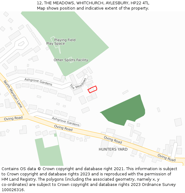 12, THE MEADOWS, WHITCHURCH, AYLESBURY, HP22 4TL: Location map and indicative extent of plot