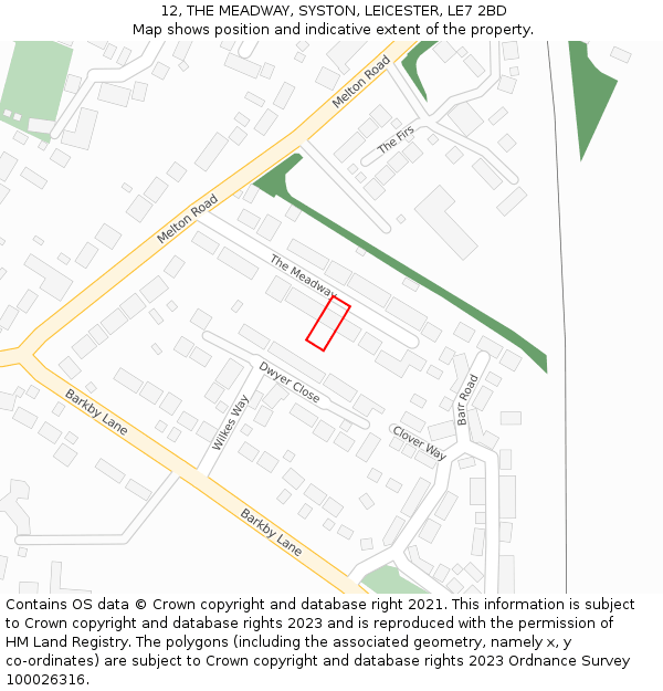 12, THE MEADWAY, SYSTON, LEICESTER, LE7 2BD: Location map and indicative extent of plot