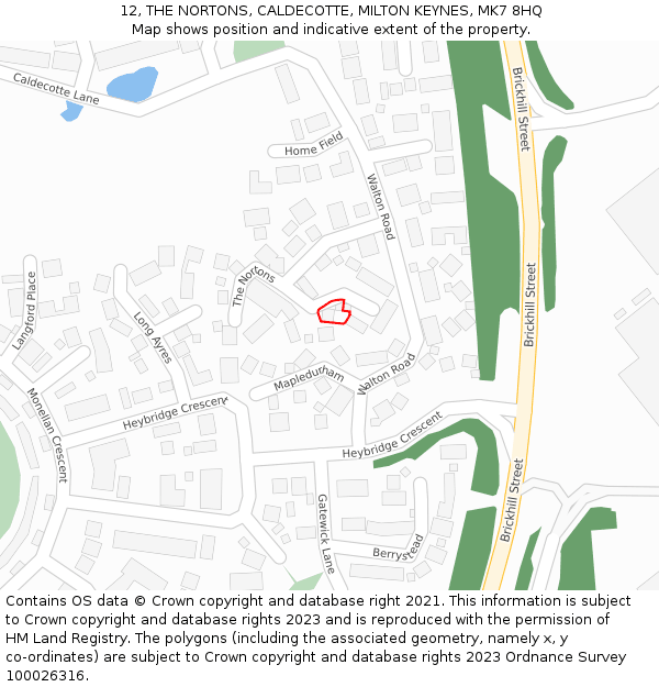 12, THE NORTONS, CALDECOTTE, MILTON KEYNES, MK7 8HQ: Location map and indicative extent of plot