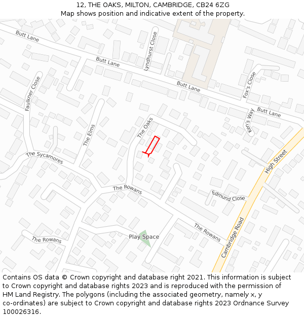 12, THE OAKS, MILTON, CAMBRIDGE, CB24 6ZG: Location map and indicative extent of plot