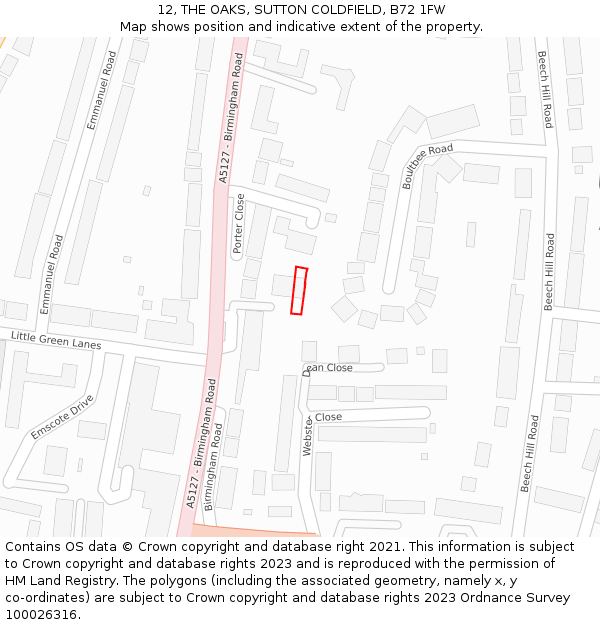 12, THE OAKS, SUTTON COLDFIELD, B72 1FW: Location map and indicative extent of plot