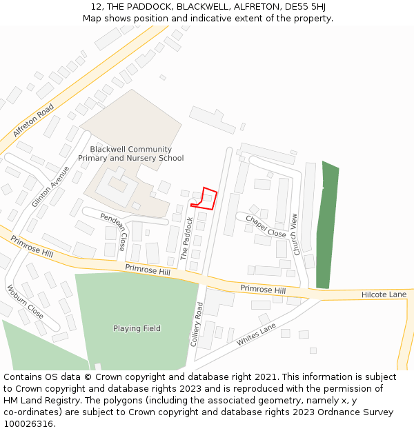 12, THE PADDOCK, BLACKWELL, ALFRETON, DE55 5HJ: Location map and indicative extent of plot