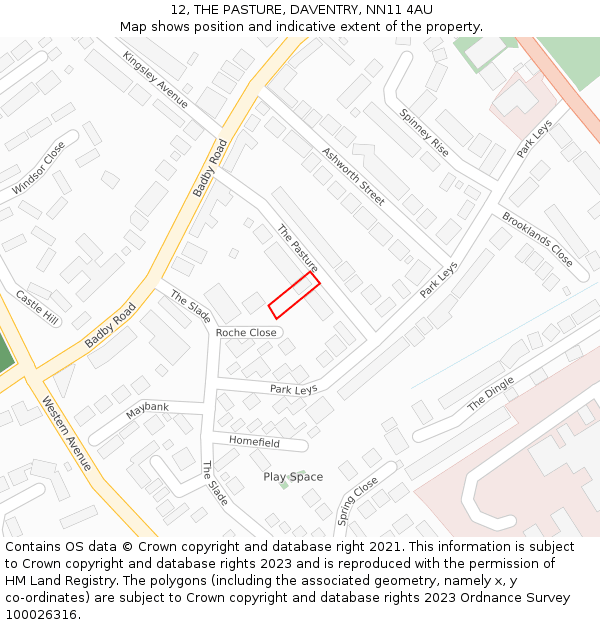 12, THE PASTURE, DAVENTRY, NN11 4AU: Location map and indicative extent of plot