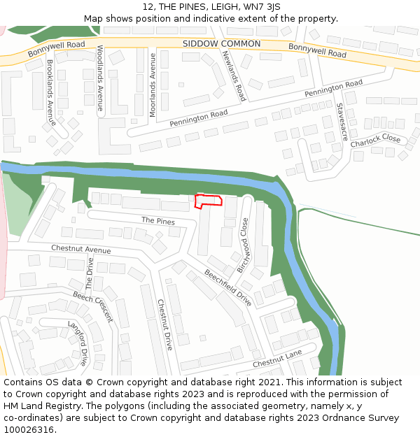 12, THE PINES, LEIGH, WN7 3JS: Location map and indicative extent of plot