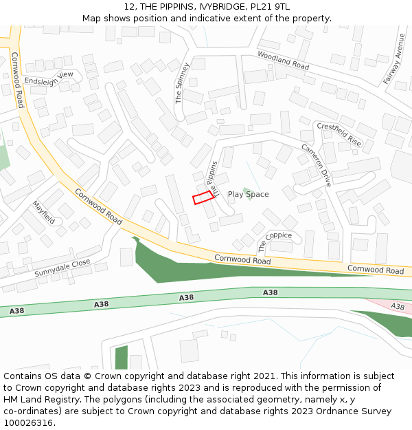 12, THE PIPPINS, IVYBRIDGE, PL21 9TL: Location map and indicative extent of plot