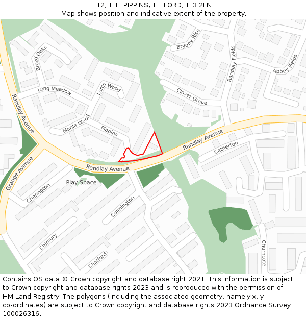 12, THE PIPPINS, TELFORD, TF3 2LN: Location map and indicative extent of plot