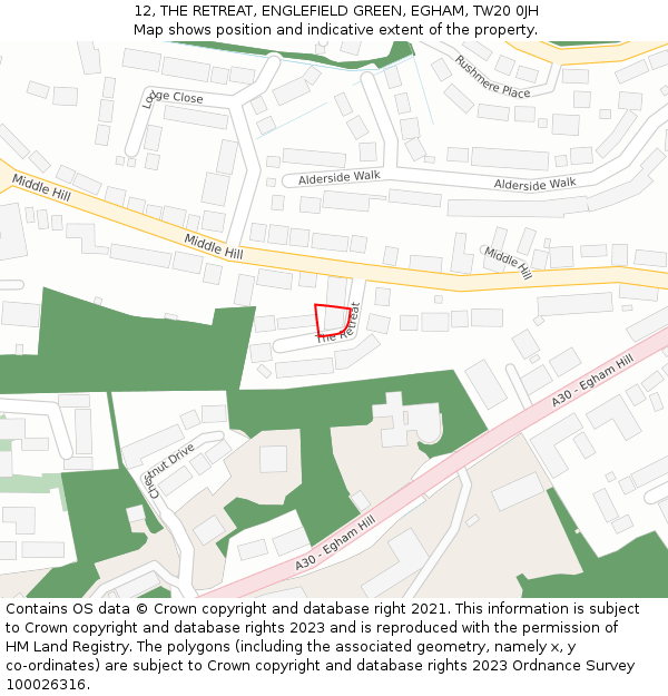 12, THE RETREAT, ENGLEFIELD GREEN, EGHAM, TW20 0JH: Location map and indicative extent of plot