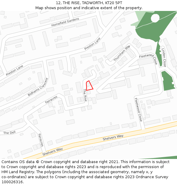 12, THE RISE, TADWORTH, KT20 5PT: Location map and indicative extent of plot