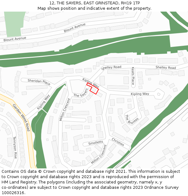 12, THE SAYERS, EAST GRINSTEAD, RH19 1TP: Location map and indicative extent of plot