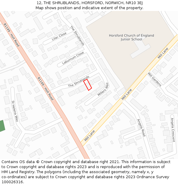 12, THE SHRUBLANDS, HORSFORD, NORWICH, NR10 3EJ: Location map and indicative extent of plot