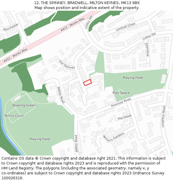 12, THE SPINNEY, BRADWELL, MILTON KEYNES, MK13 9BX: Location map and indicative extent of plot