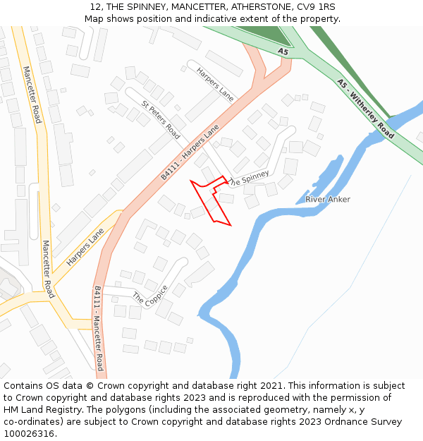 12, THE SPINNEY, MANCETTER, ATHERSTONE, CV9 1RS: Location map and indicative extent of plot