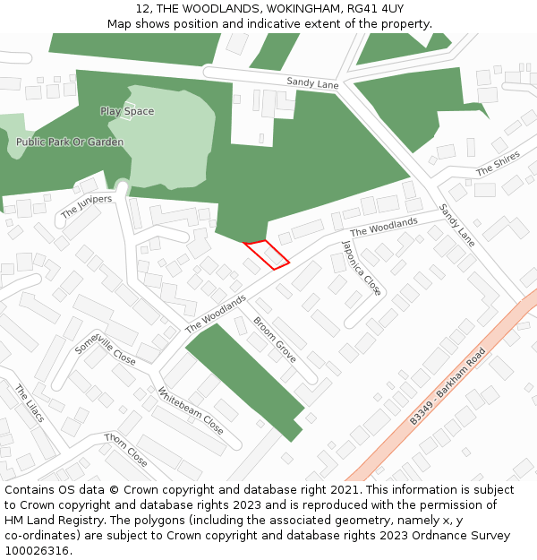 12, THE WOODLANDS, WOKINGHAM, RG41 4UY: Location map and indicative extent of plot