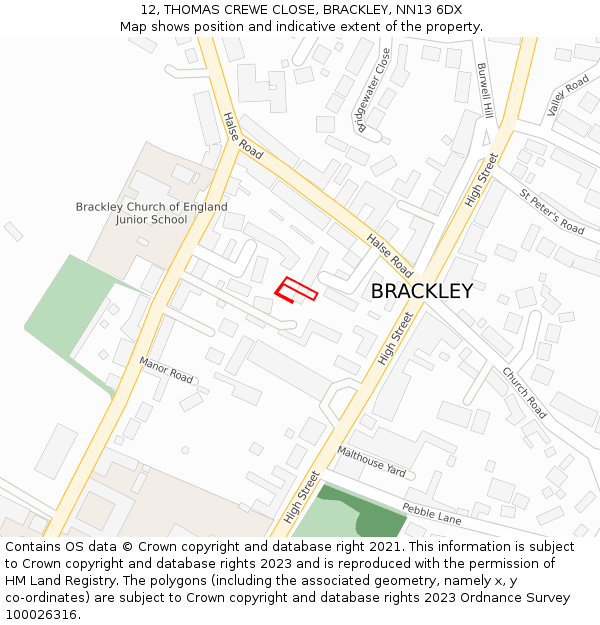 12, THOMAS CREWE CLOSE, BRACKLEY, NN13 6DX: Location map and indicative extent of plot