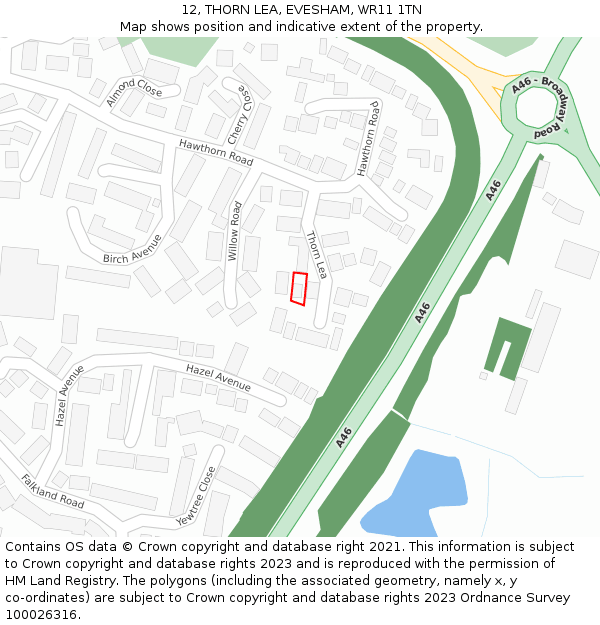 12, THORN LEA, EVESHAM, WR11 1TN: Location map and indicative extent of plot