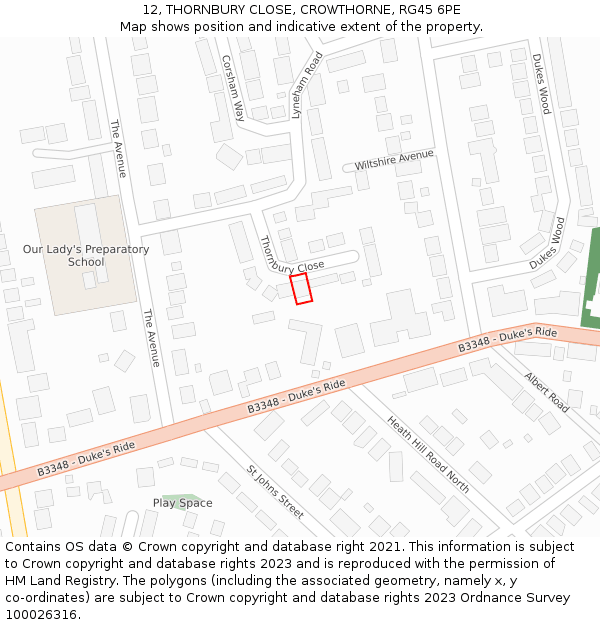 12, THORNBURY CLOSE, CROWTHORNE, RG45 6PE: Location map and indicative extent of plot