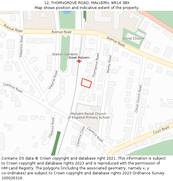 12, THORNGROVE ROAD, MALVERN, WR14 3BX: Location map and indicative extent of plot