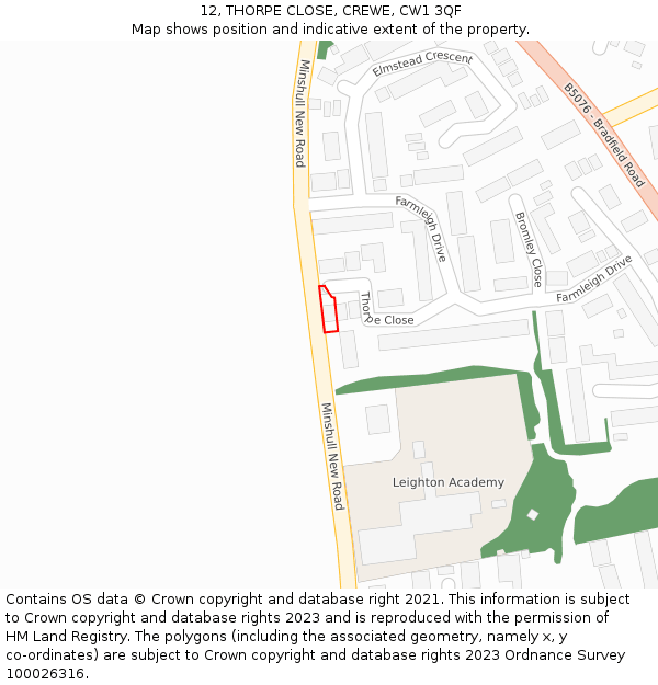 12, THORPE CLOSE, CREWE, CW1 3QF: Location map and indicative extent of plot