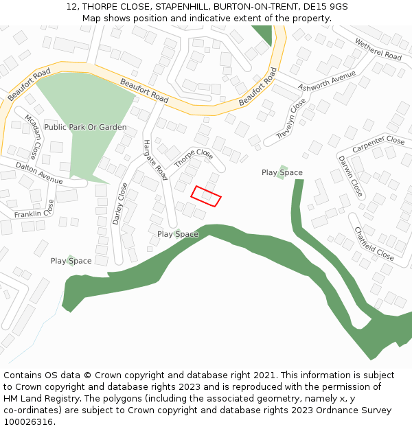 12, THORPE CLOSE, STAPENHILL, BURTON-ON-TRENT, DE15 9GS: Location map and indicative extent of plot